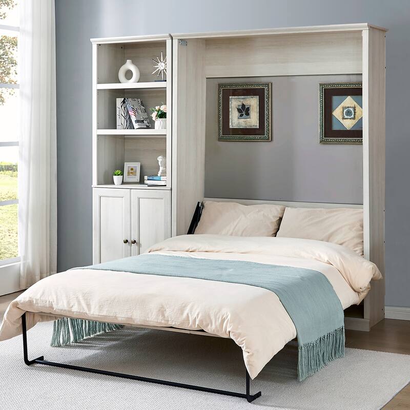 Half Self-Close and Open Murphy Bed with 2 Side Cabinet Storage Shelf