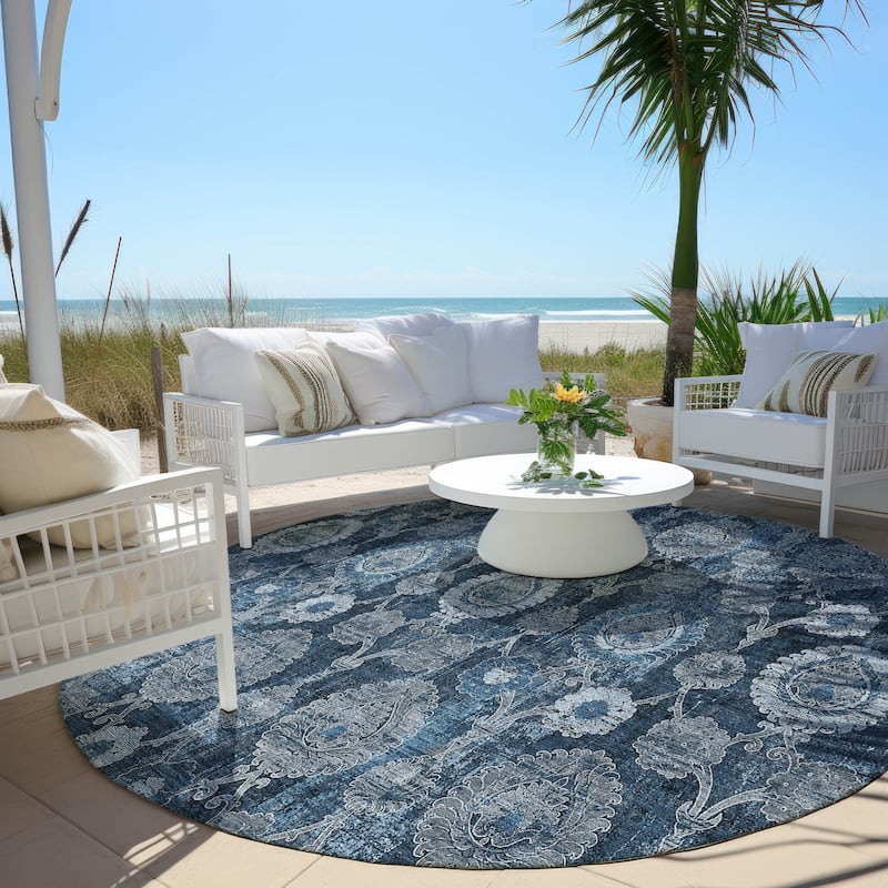 Machine Washable Indoor/ Outdoor Chantille Casual Floral Rug - Navy - 8' x 8'