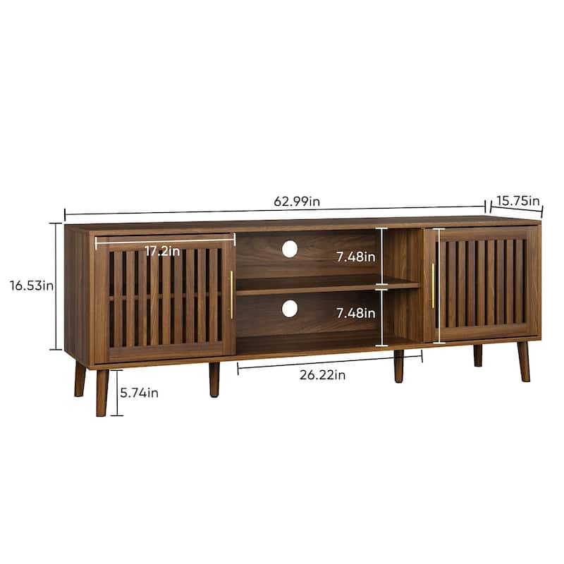 63 inch TV Stand with 2 Grille Door Cabinets and Adjustable Storage Rack, Farmhouse Entertainment Center with Storage Space