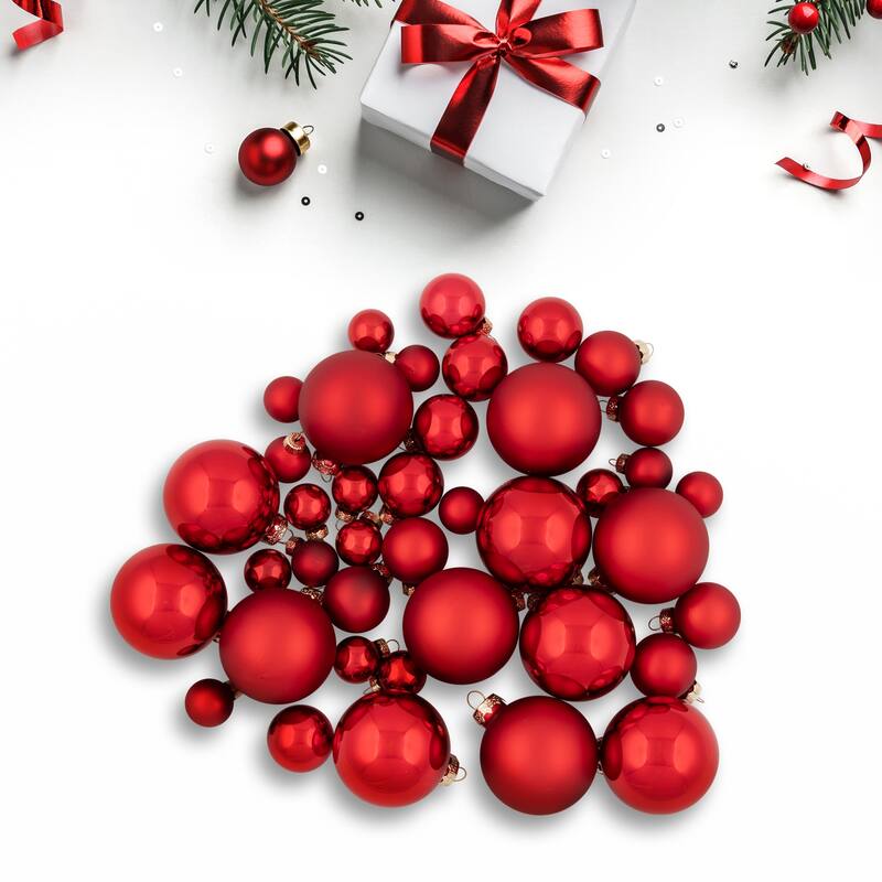 40ct Shiny Glitter and Matte Red Glass Ball Christmas Ornament Set 1"-2.5" - 1"