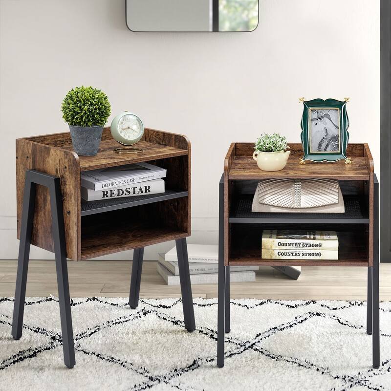 VECELO Gray Mid-Century Modern 3-Tier Stackable Nightstand Set of 1/2 Nightstands with Metal Frame for Bedroom Living Room - Set of 2-Brown