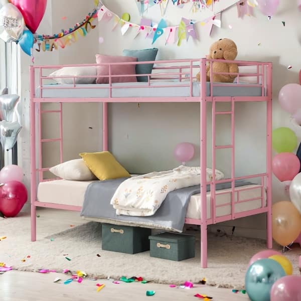 slide 2 of 13, Industrial Minimalist Modern Style Twin Over Twin Metal Bunk Bed Pink