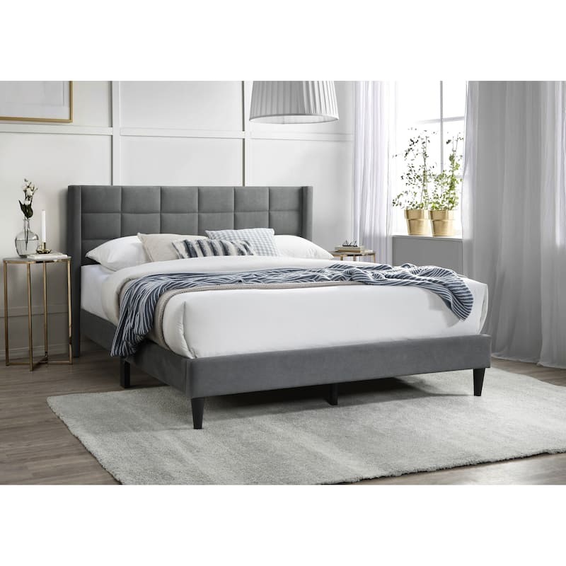 Queen Size Linen Upholstered Platform Bed with Box Stitch Headboard and Modern Platform Design - Gray