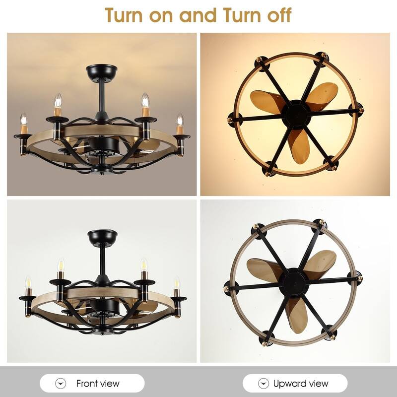 23"/32" Modern Chandelier LED Ceiling Fan with Remote,Wood Grain Caged Fandelier
