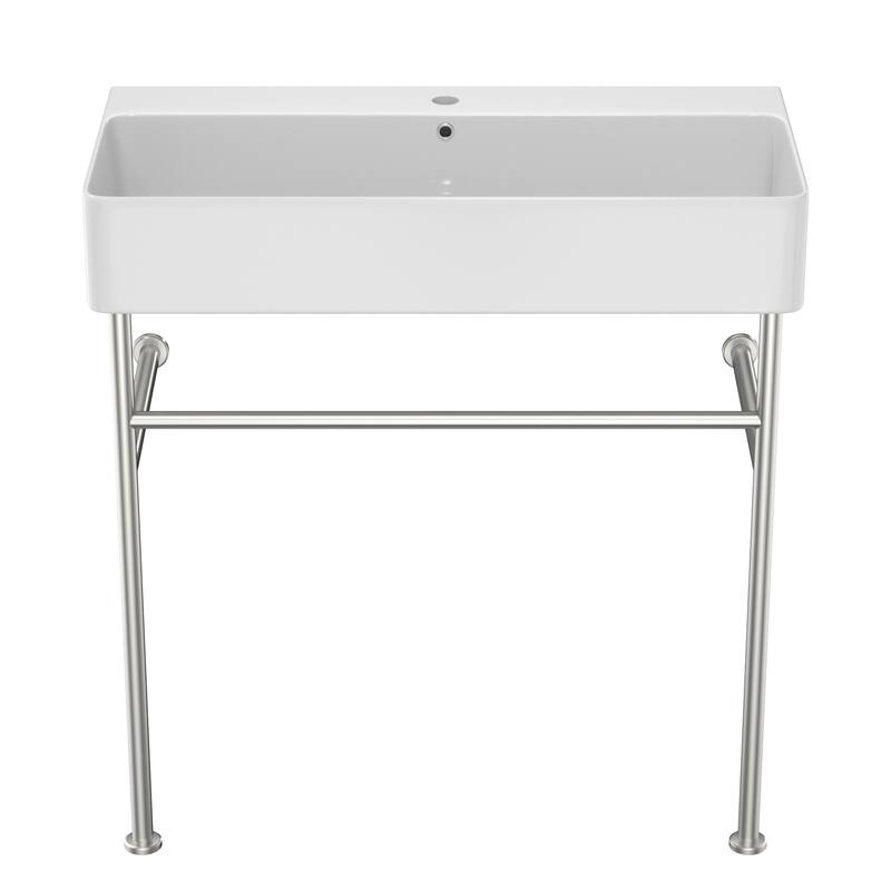Ceramic Console Sink for Bathroom with Overflow, Stainless Steel Legs, Drain Kit Included, Easy Installation for Commercial Use
