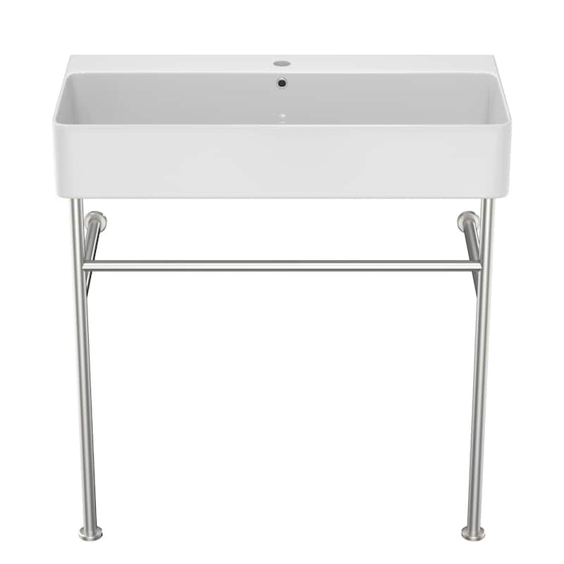 Ceramic Console Sink with Polished Nickel Support, 32-Inch Bathroom Sink with Overflow - 32in L Ceramic - 32in L White+Silver
