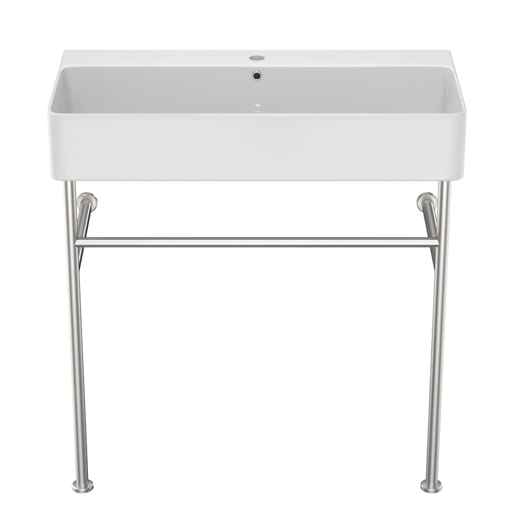 Ceramic Console Sink with Polished Nickel Support, 32-Inch Bathroom Sink with Overflow