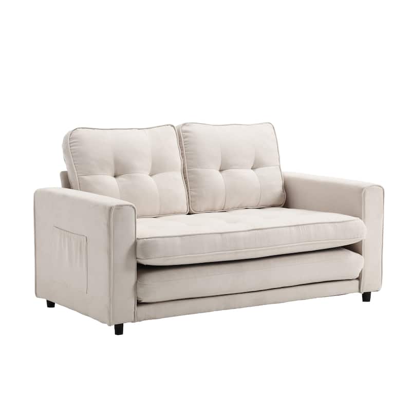 Velvet Upholstered Tufted Space saving Fold Sleeper Sofabed - White