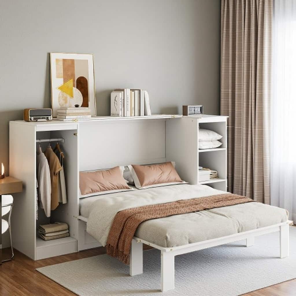 Twin Murphy Bed with Wardrobe, Bookcase Shelves & Pull-Out Drawer, Solid Wood Frame in White