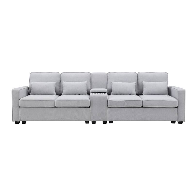 114.2" Upholstered with console, 2 cup holders and USB port (wired or wireless charging) with 4 pillows