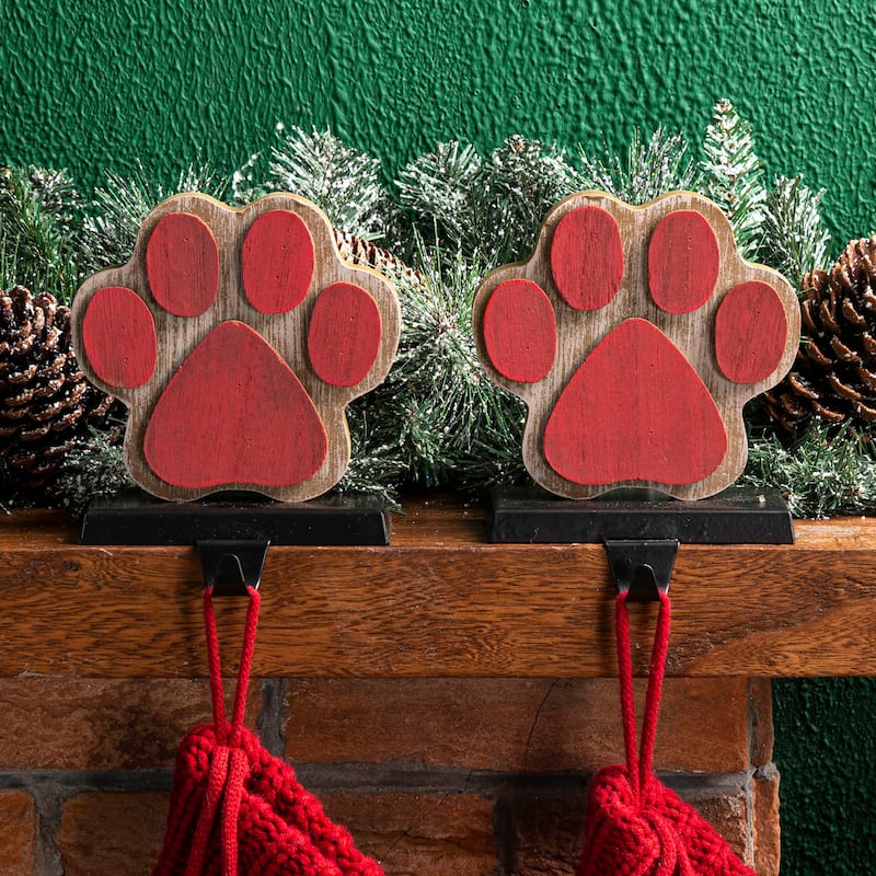 Glitzhome Christmas Wooden/Metal LED Snowman Paw Stocking Holders with Stockings Mantel Ornament