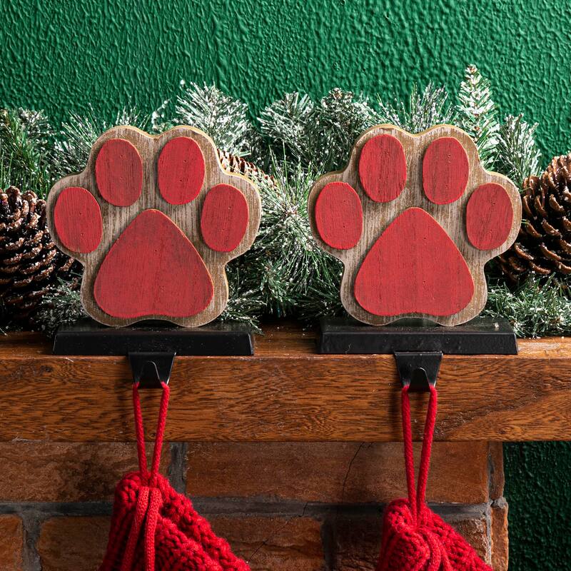 Glitzhome Christmas Wooden/Metal LED Snowman Paw Stocking Holders Mantel Ornament