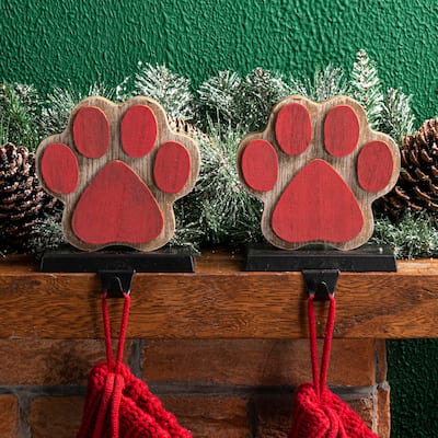 Glitzhome Christmas Wooden/Metal LED Snowman Paw Stocking Holders Mantel Ornament