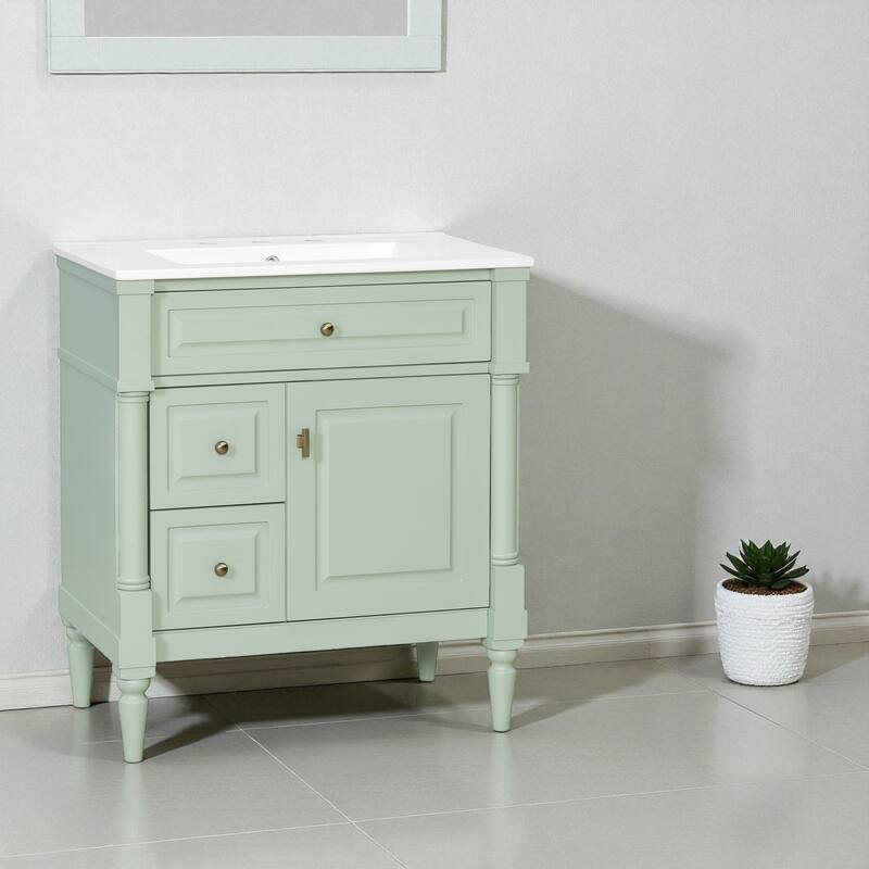 30" Freestanding Bathroom Vanity with Ceramic Sink, Solid Rubberwood Frame, Flip Drawer & Adjustable Shelf