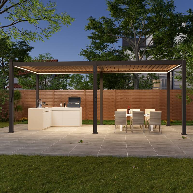 LIVOOSUN Outdoor Detachable Control Panel LED Equipped Pergola, Solar and USB Charging Options, Brown - 10' x 20'