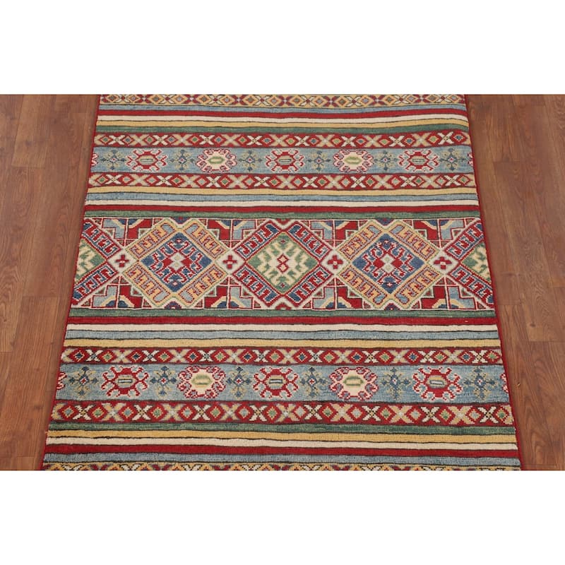 Geometric Kazak Accent Rug Handmade Multi-Color Wool Carpet - 3'4" x 5'0"