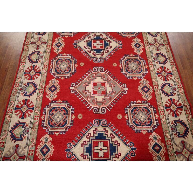 Geometric Kazak Rug Hand-Knotted Bedroom Red Wool Carpet - 5'9" x 7'7"