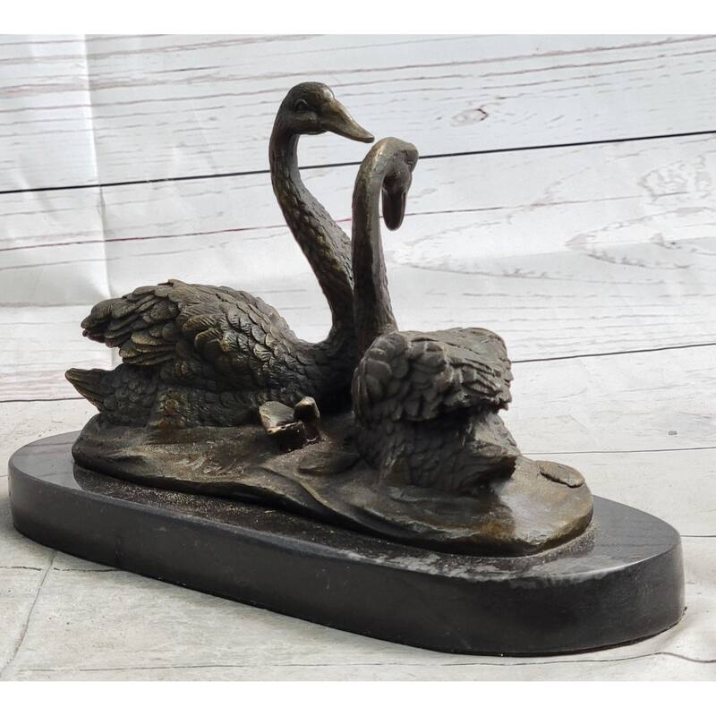Pair Of Swans Romantic Love Bronze Sculpture Statue Figure Decor On Marble Base Signed Milo