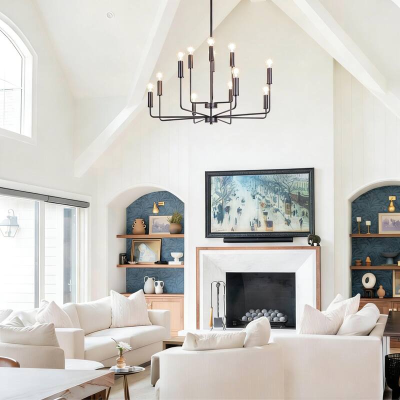 Modern 12-Light Black Chandelier Candle Large Light Fixture for Dining Room - 39.3 " L × 43.3 " H