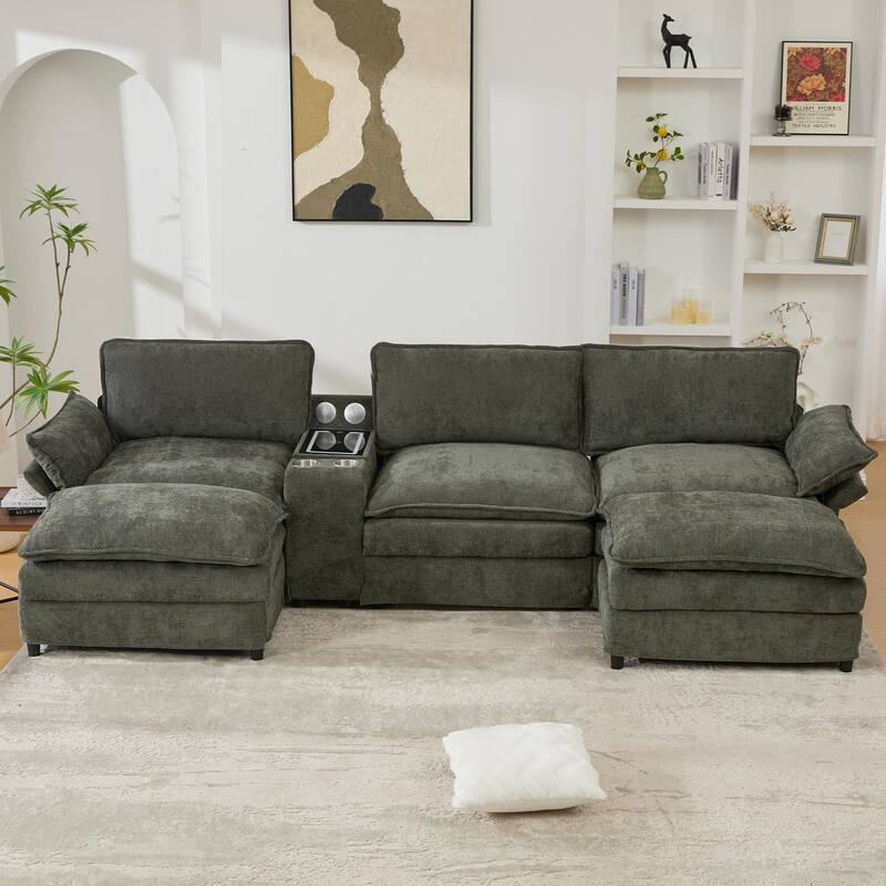 U-Shaped Chenille Modular Sofa with Bluetooth Speakers, Wireless Charging, Storage Console, 2 Cup Holders & Movable Ottoman