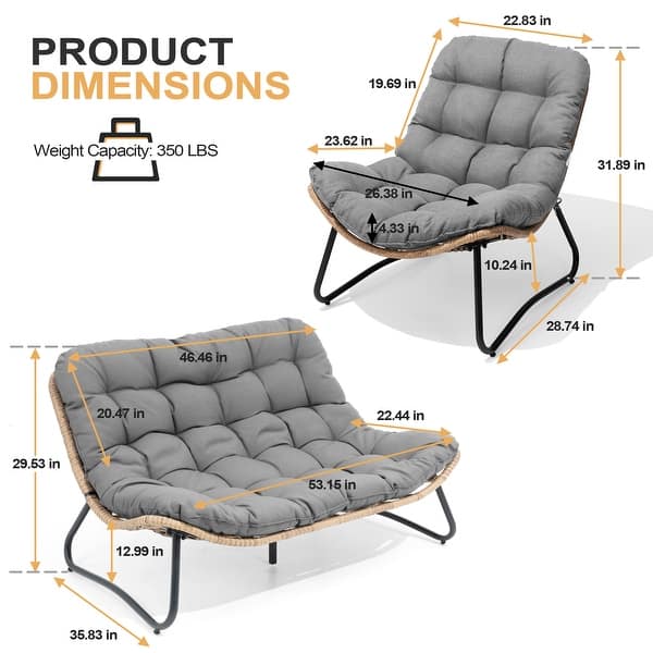 dimension image slide 5 of 10, Double Papasan Chair Loveseat with Cushion, All-weather PE Rattan 2-Person Wicker Patio Chair for Indoor Outdoor