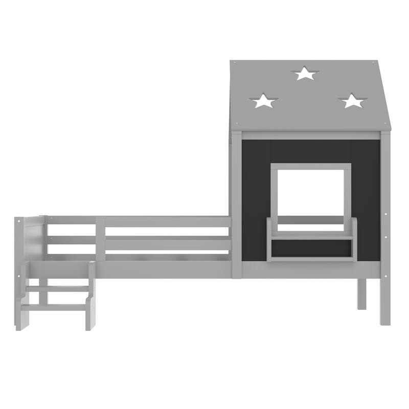 Low Profile Stairs Platform Bed Wood House Bed with Cute Star-shape Roof, Window, Bookcase and Blackboard for Boys and Girls
