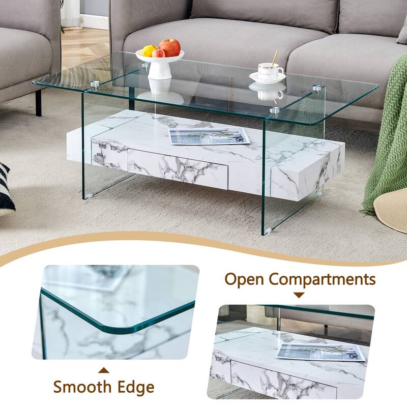 43.3 Inch Double Layer Coffee Table Storage Side Table with Open Storage Shelves, Drawers Glass Center Table End Table