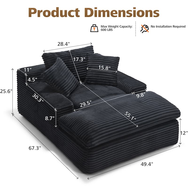 67" Upholstered Full Foam Chaise Lounge Chair Convertible Sofa Bed with Pillows, No Assembly Required