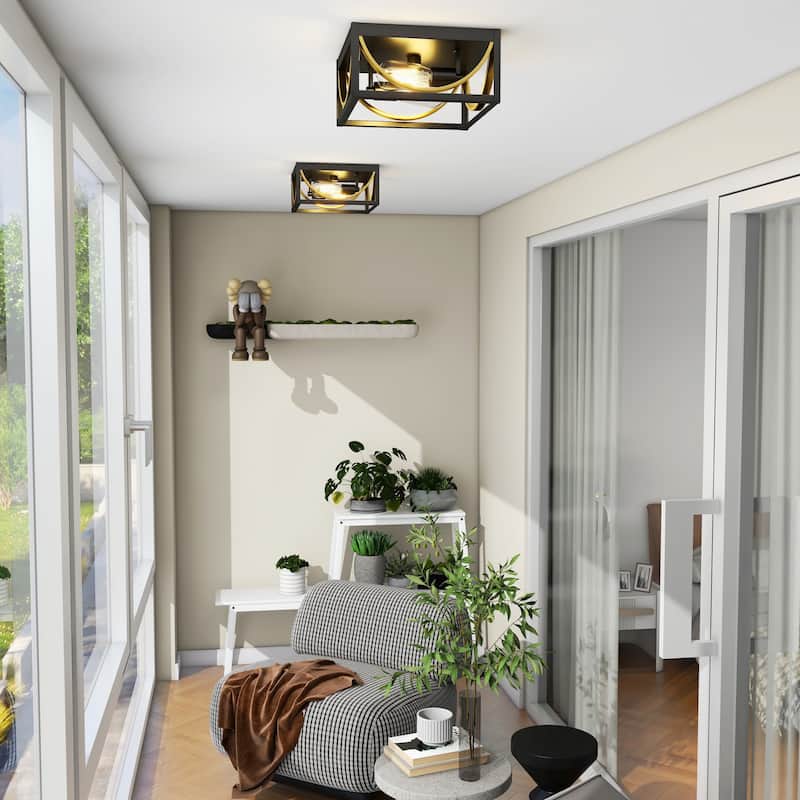 2-Light Caged Flush Mount Light - Black And Golden - 11.8"x11.8"x5.5"