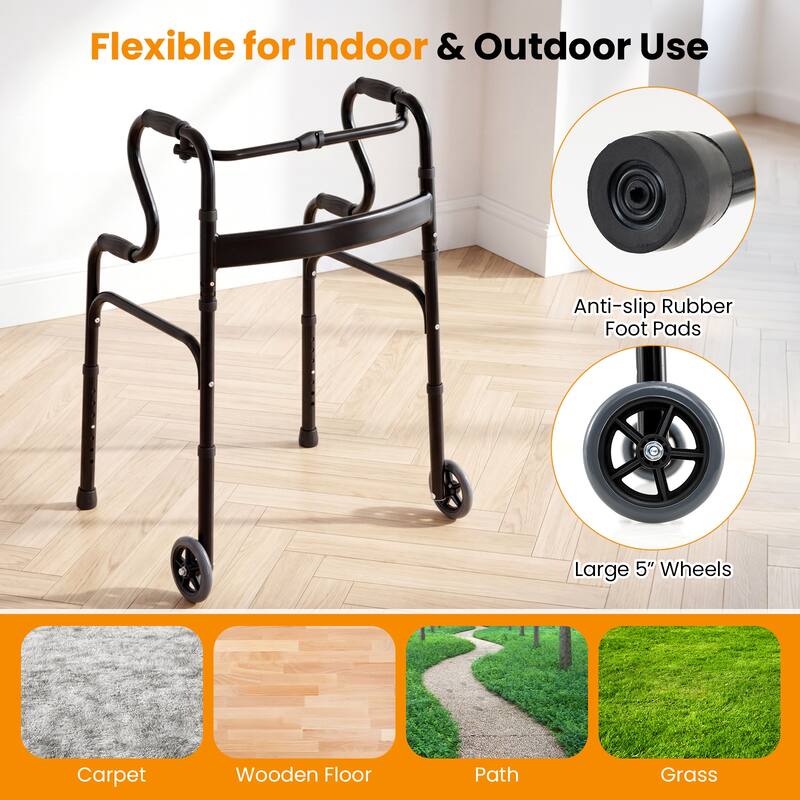 Gymax Heavy-Duty Folding Walker w/Unidirectional Wheels & Armrests