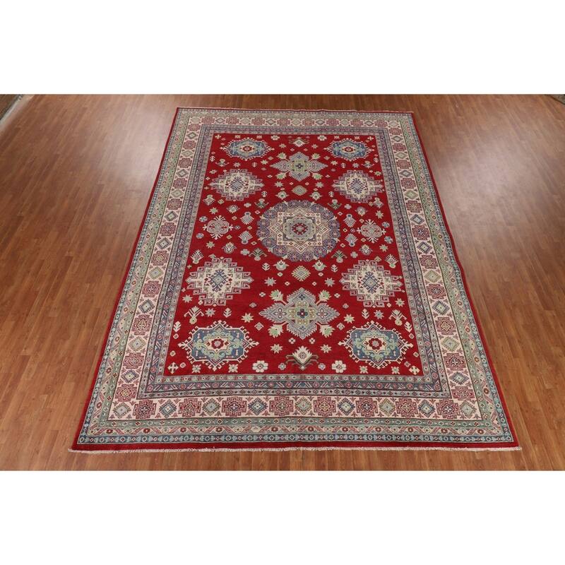 Geometric Red Large Kazak Oriental Area Rug Hand-Knotted Wool Carpet - 10'0" x 13'9"