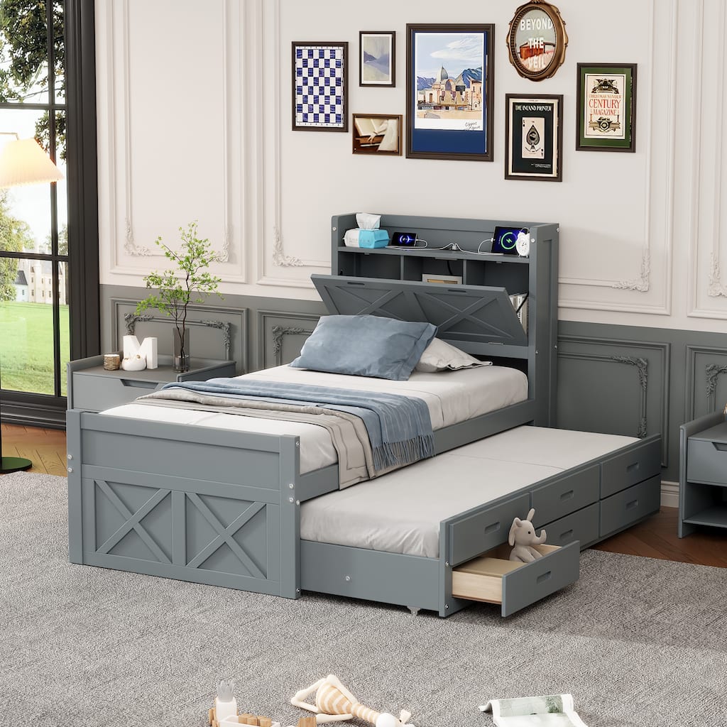 Stylish Twin Bed with Storage Headboard, Outlets, and Pull-Out Trundle for Extra Sleeping Space.
