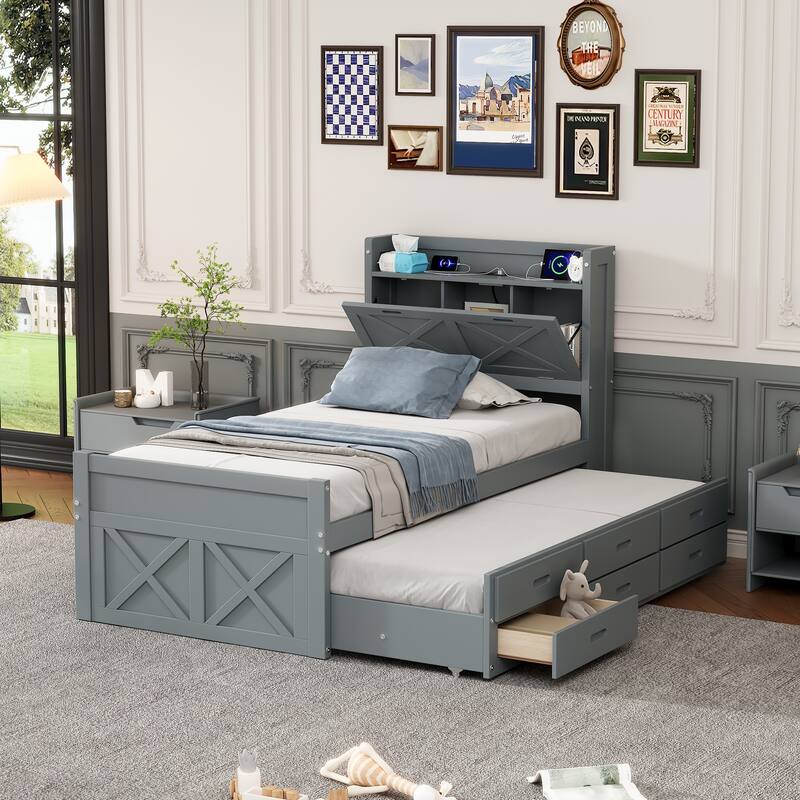 Twin Size Extendable Bed with Storage Headboard and Drawers - Gray - Twin