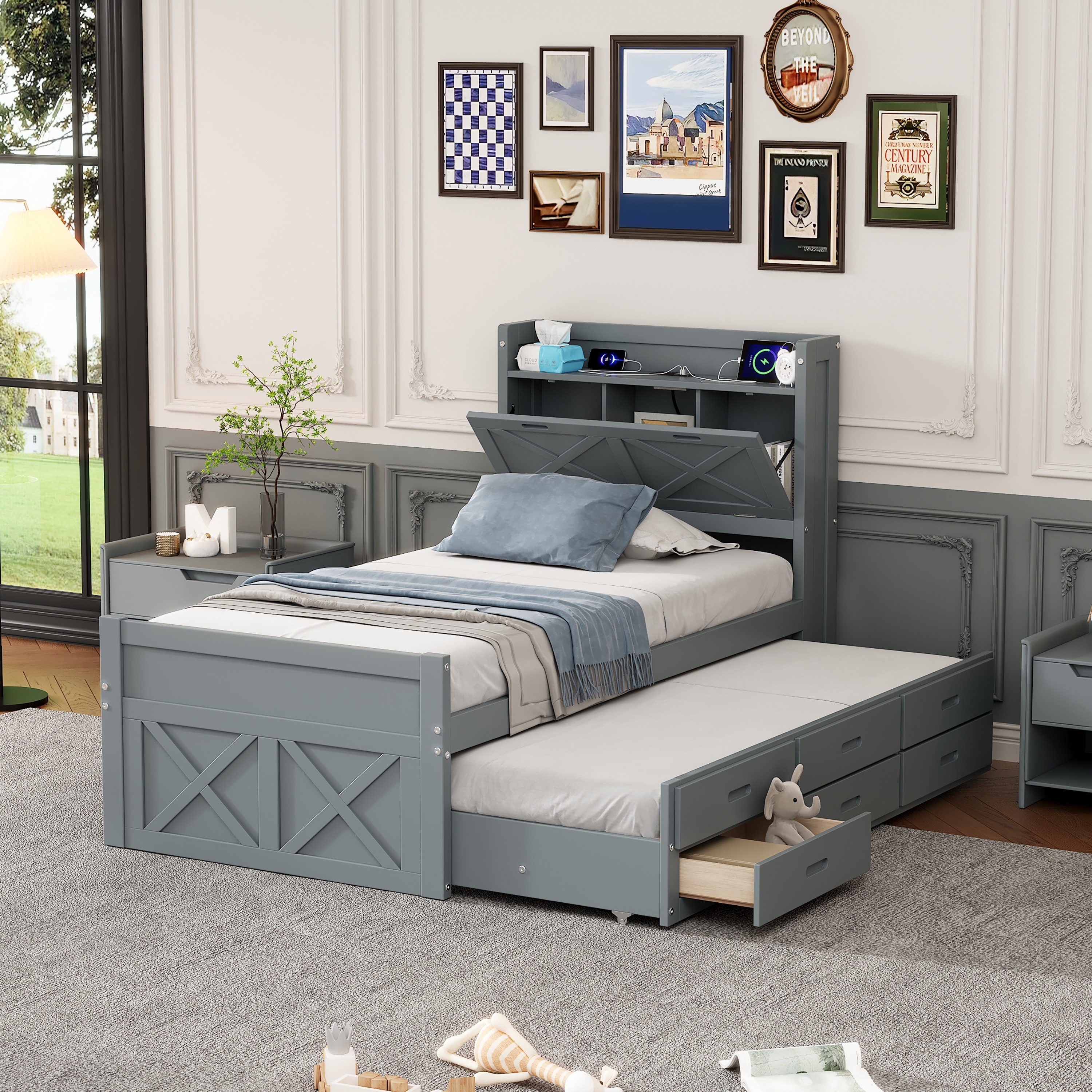Wooden Bed with Storage Headboard with Outlets