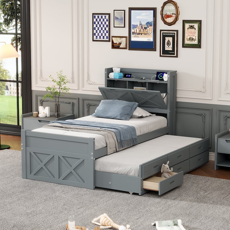 Wooden Platform Bed with Storage Headboard and Outlets, Versatile Extendable Storage Bed with Twin Size Trundle and 3 Drawers