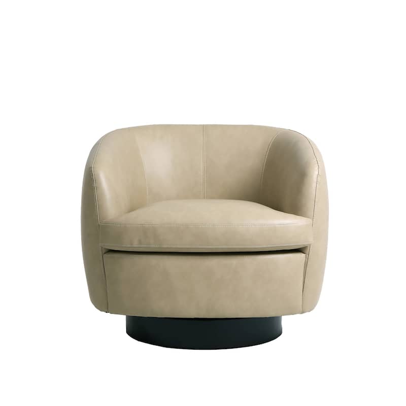 Leather Upholstered Swivel Barrel Accent Chair With Wood Base