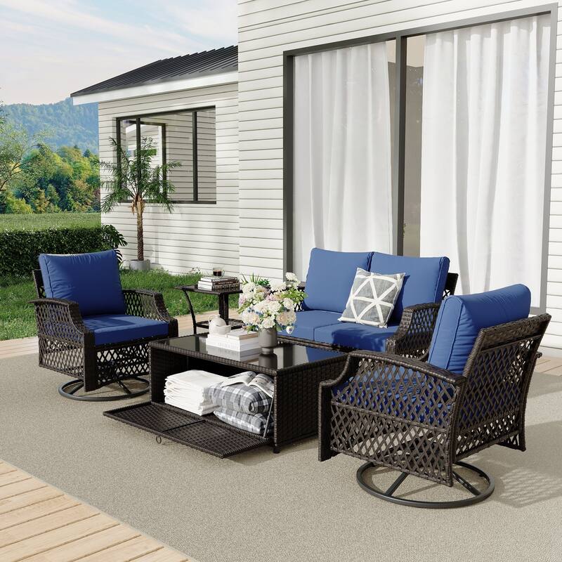 Outdoor Wicker Patio Set w Swivel Chairs & Sofa, Ottomans and Tables, Modular 3/5/6/7-Piece, All-Weather Conversation Set.