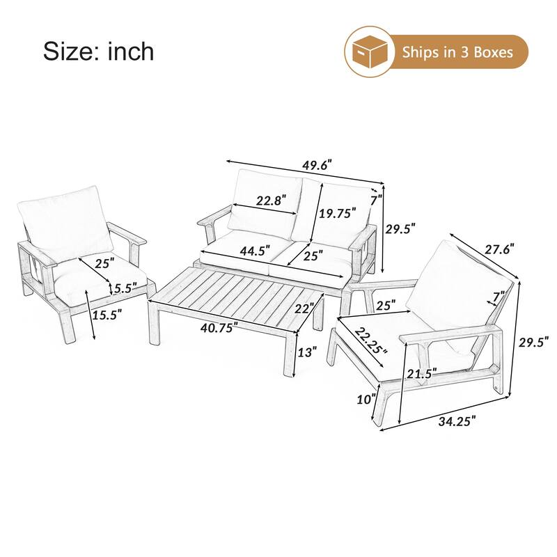 Roomfitters 4 Piece Outdoor Patio Conversation Set with Solid Acacia Wood Frame and Cushions