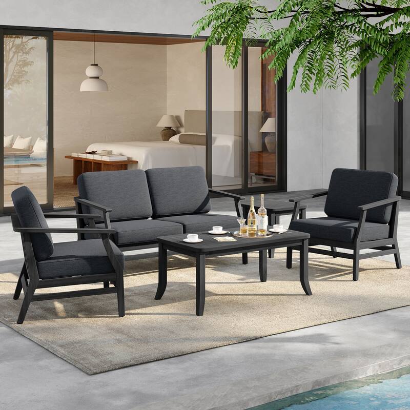 5-Piece Outdoor Teak Wood Patio Conversation Set with Cushions - BlackFrame-Dark Grey