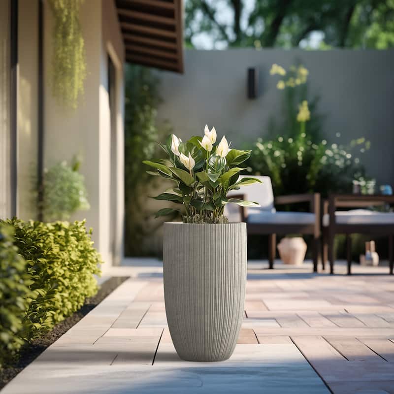 Textured Granite Gray Tall Concrete Round Plant Pots / Large Indoor and Outdoor flower Planters (13.5 Inch x 24.5 Inch)