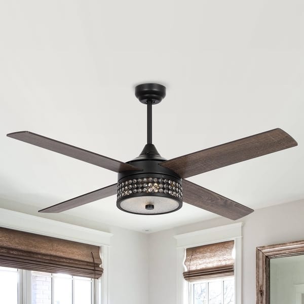 52-inch Matte Black Wood 4-Blade Crystal Ceiling Fan with Remote - On ...