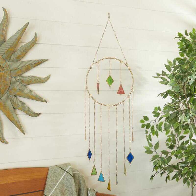 Metal Geometric Windchime with Stained Glass - Multi Colored - Roche River Decor