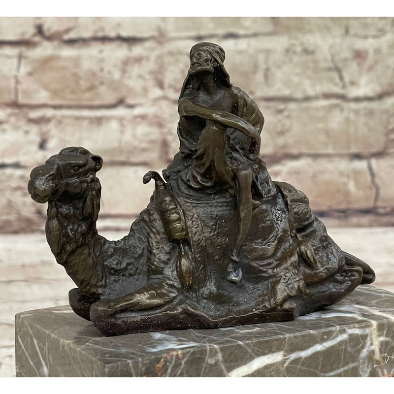 Hot Cast Bronze Sculpture Arabian Camel Rider On Marble Base