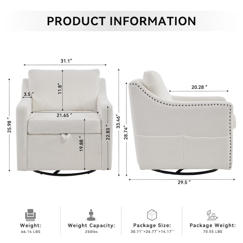 Teddy Upholstered Swivel Accent Chair, Single Sofa Chair with High Backrest, Lounge Armchair with Metal Base & Side Pocket - Ivory
