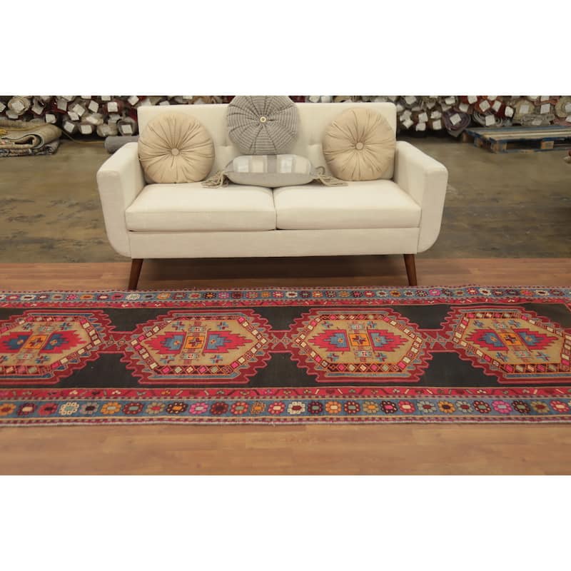 Hand Knotted Oriental 100% Wool Carpet Traditional Geometric Greys & Charcoal Ardebil Runner Rug - 10' 1'' X 3' 8''