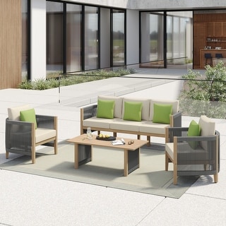Corvus Iona 4-piece Patio Eucalyptus Wood and Rope Sofa Seating Set with Sunbrella Fabric