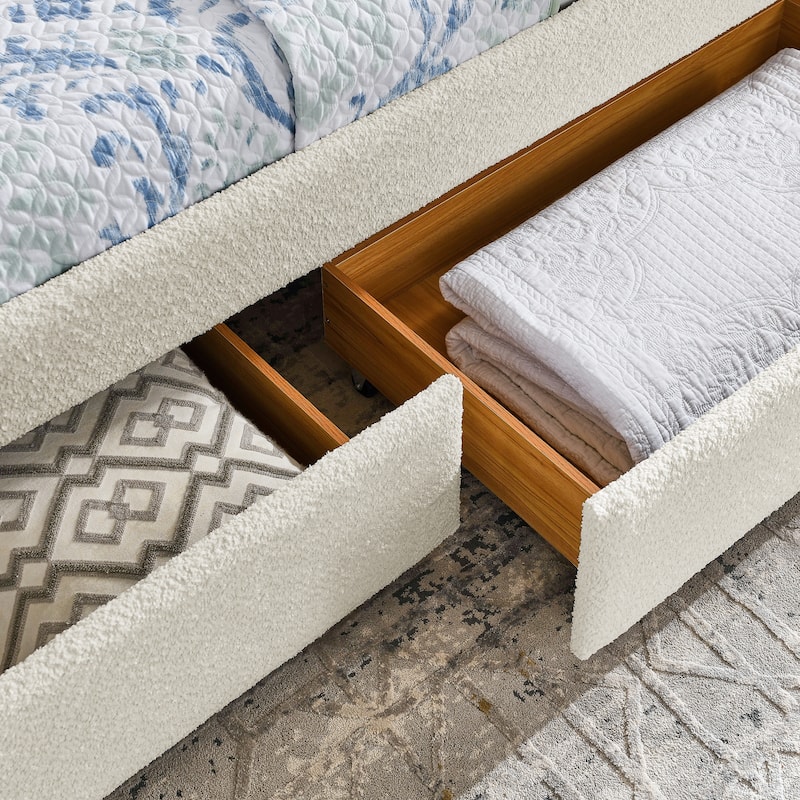 Queen Size Boucle Daybed with Trundle and 2 Storage Drawers and Tufted Upholstered Sofa Bed