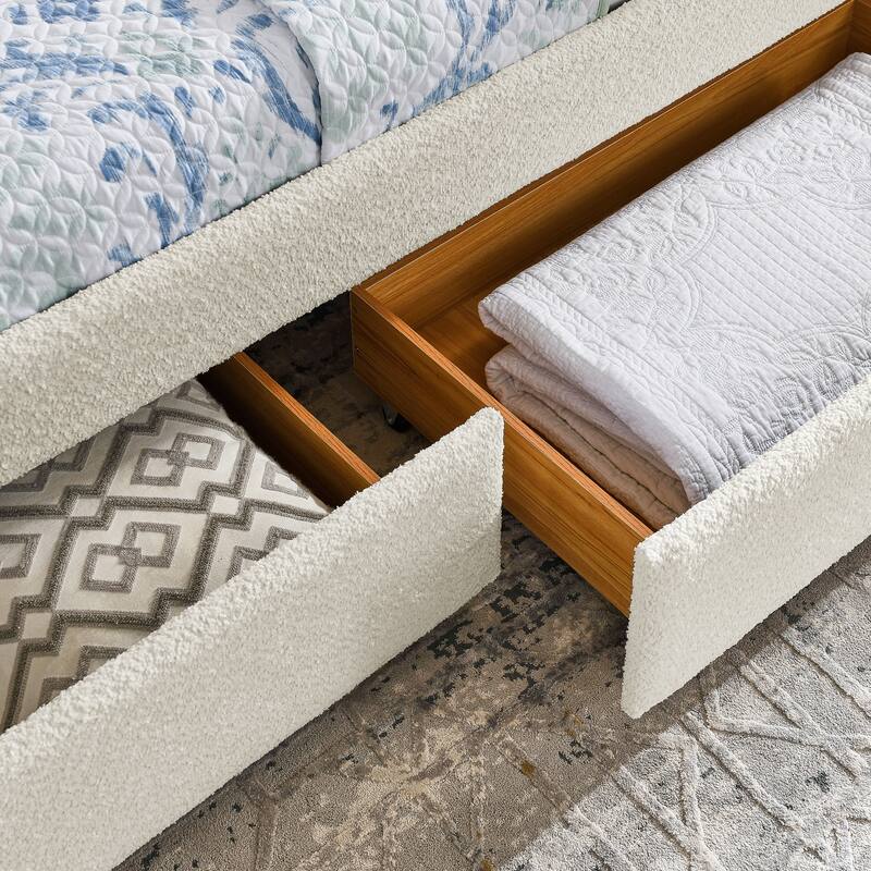 Roomfitters Queen Boucle Daybed with Trundle, Two Storage Drawers and Upholstered Sofa Bed Frame