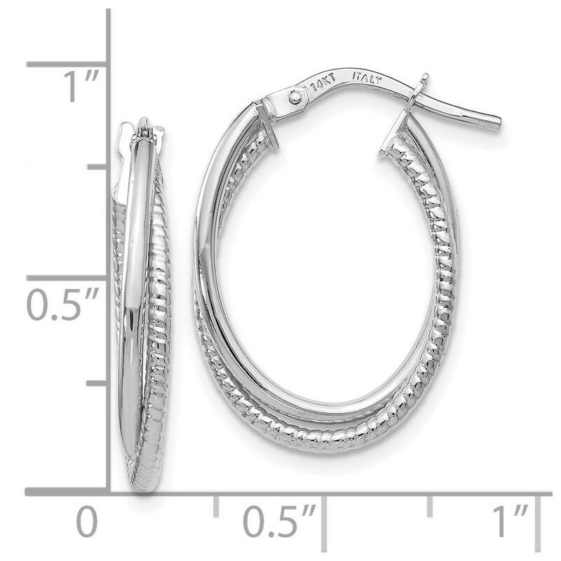 Curata 14k White Gold 23x16mm Polished Textured Oval Double Hoop Earrings