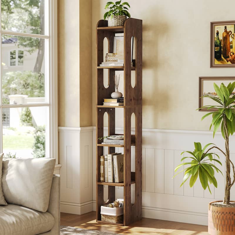 6 Tier Solid Wood Bookshelf, 70.87-Inch Tall Narrow Bookcase - Brown